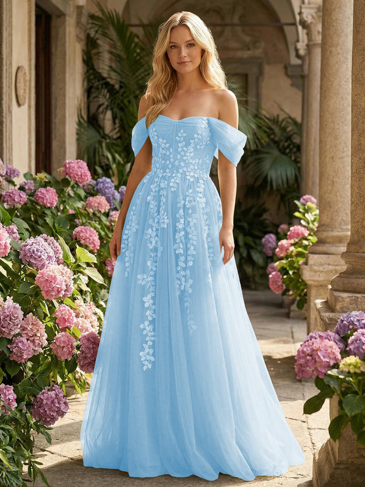 Tulle Flower Embroidered Off the Shoulder Corset Evening Dresses
