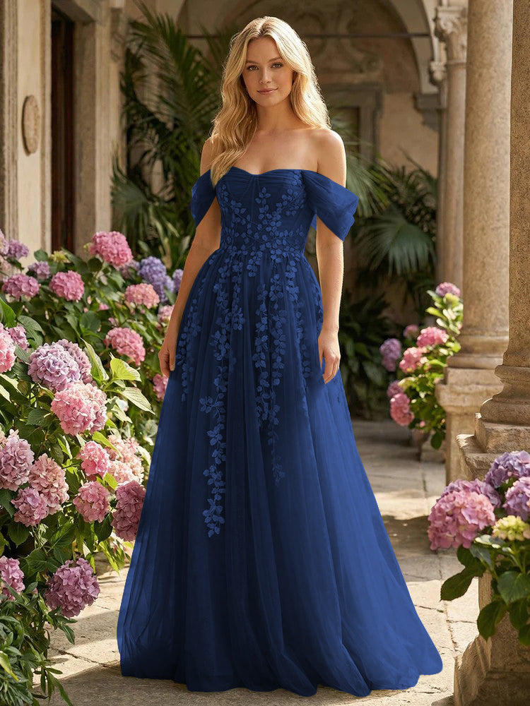Tulle Flower Embroidered Off the Shoulder Corset Evening Dresses