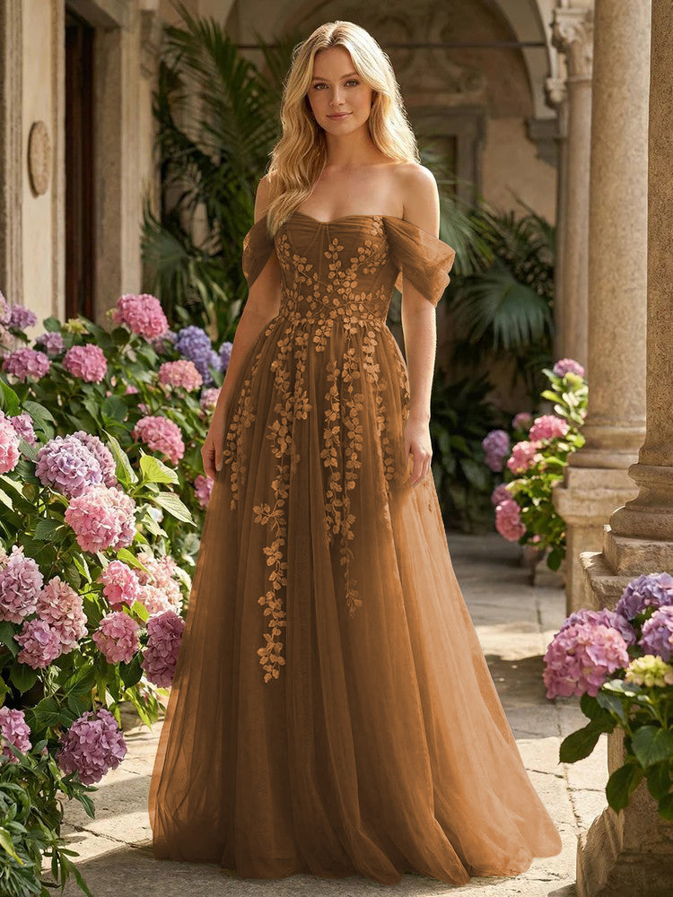 Tulle Flower Embroidered Off the Shoulder Corset Evening Dresses