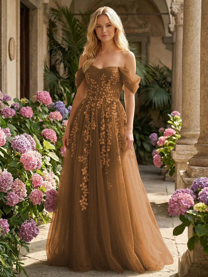 Tulle Flower Embroidered Off the Shoulder Corset Evening Dresses