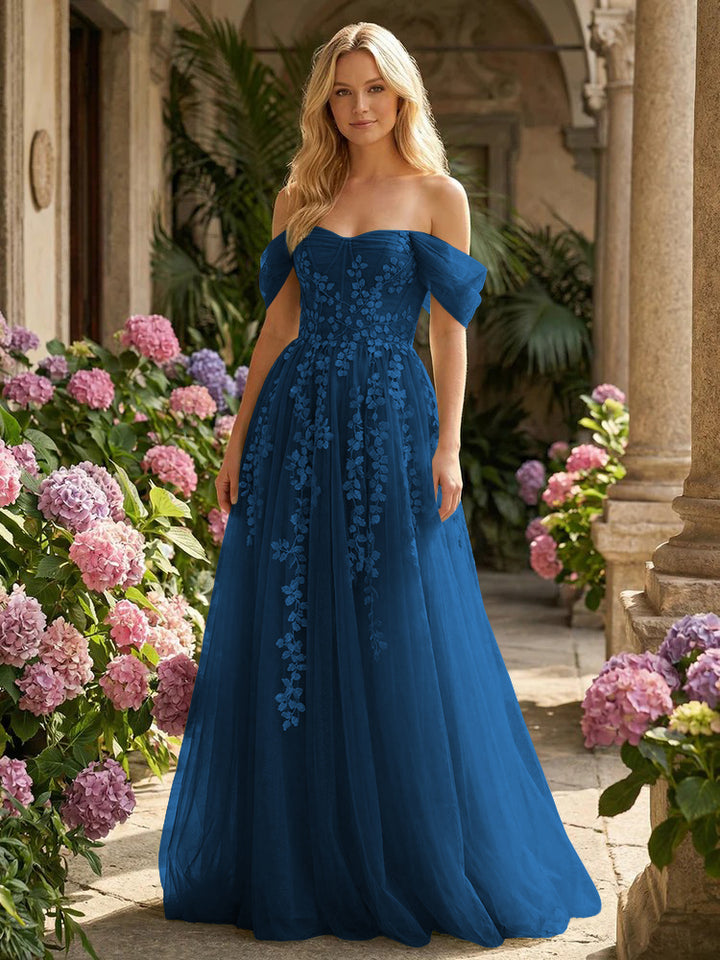 Tulle Flower Embroidered Off the Shoulder Corset Evening Dresses
