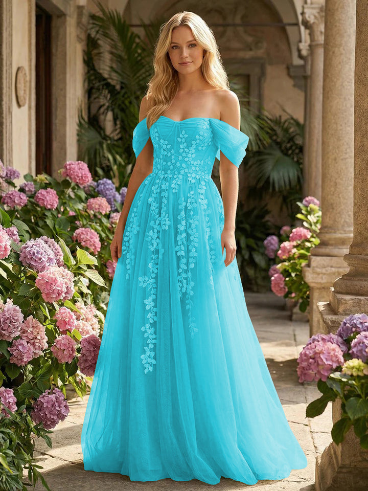 Tulle Flower Embroidered Off the Shoulder Corset Evening Dresses