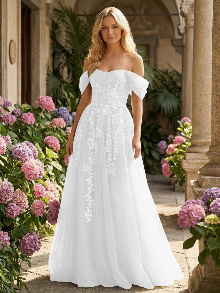 Tulle Flower Embroidered Off the Shoulder Corset Evening Dresses
