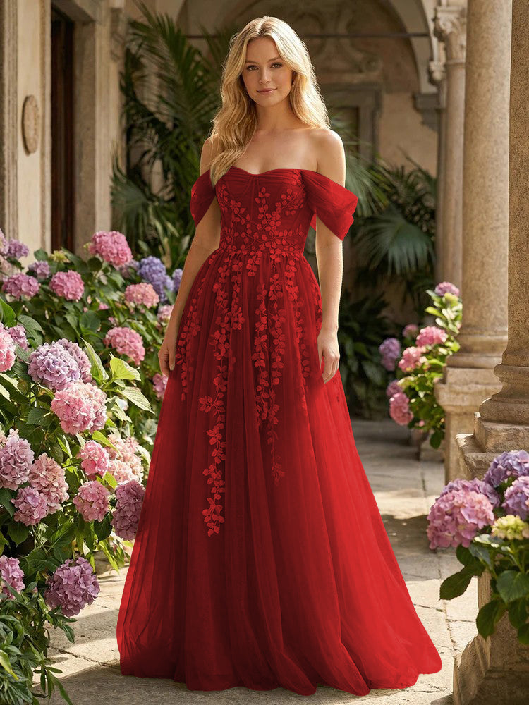 Tulle Flower Embroidered Off the Shoulder Corset Evening Dresses