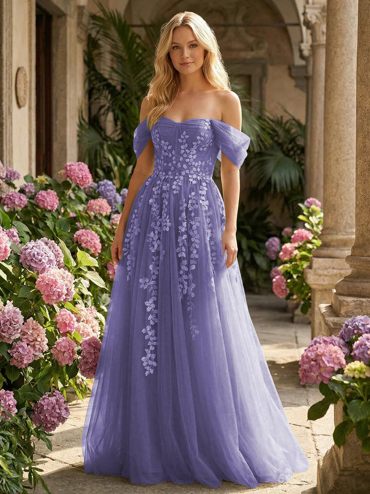 Tulle Flower Embroidered Off the Shoulder Corset Evening Dresses