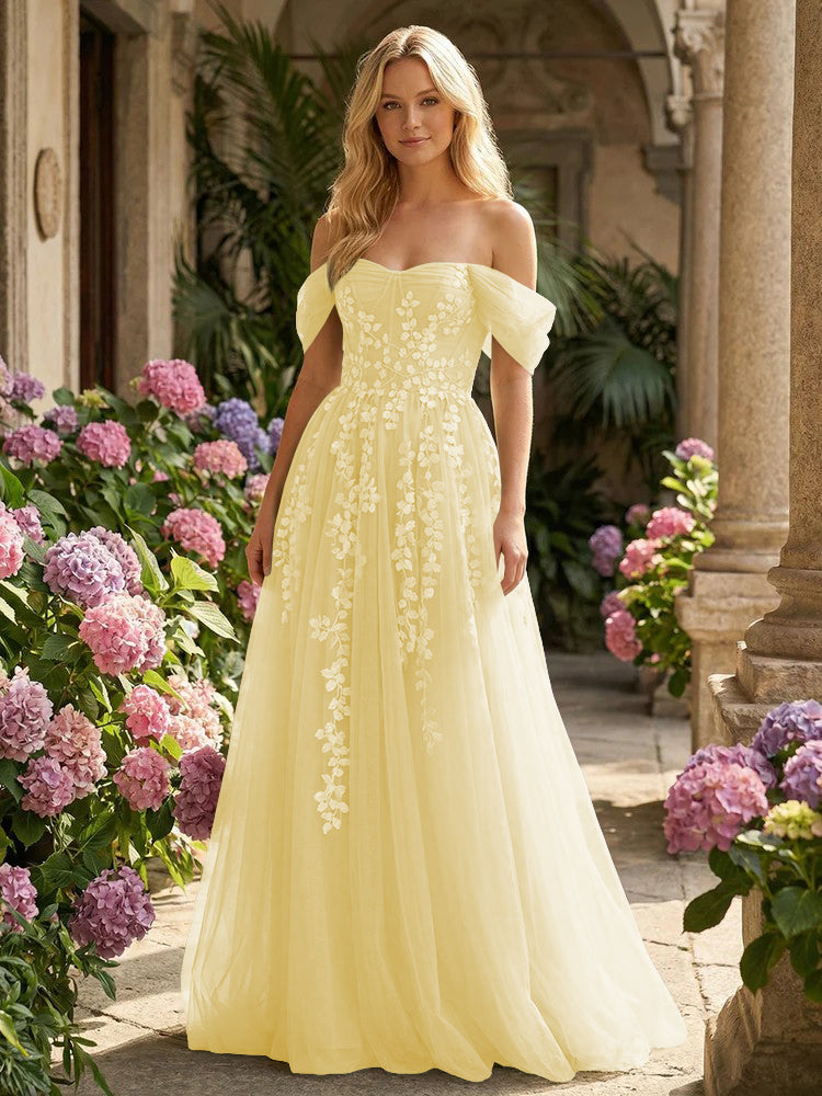 Tulle Flower Embroidered Off the Shoulder Corset Evening Dresses