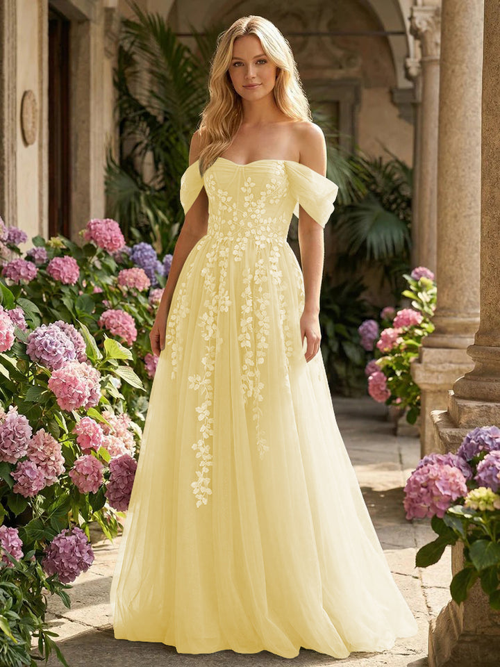 Tulle Flower Embroidered Off the Shoulder Corset Evening Dresses