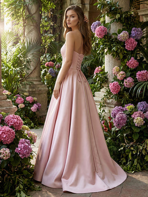 Satin Strapless Corset Beadings Prom Dresses with High Slit