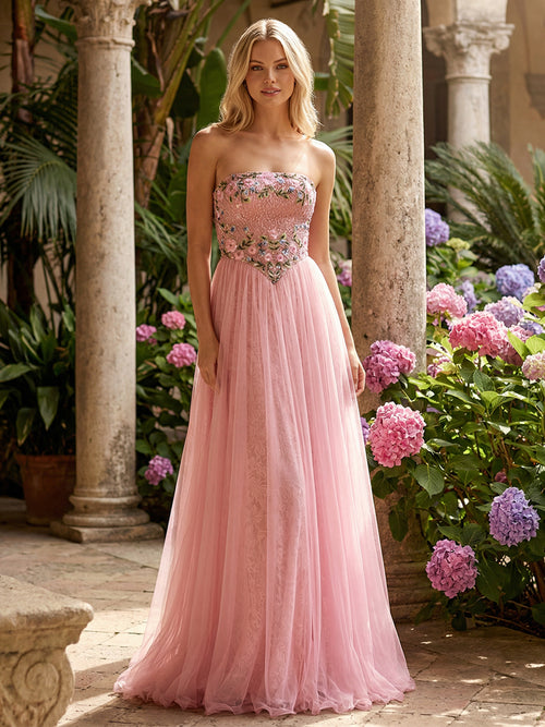 Layered Strapless Floral Corset Prom Dresses