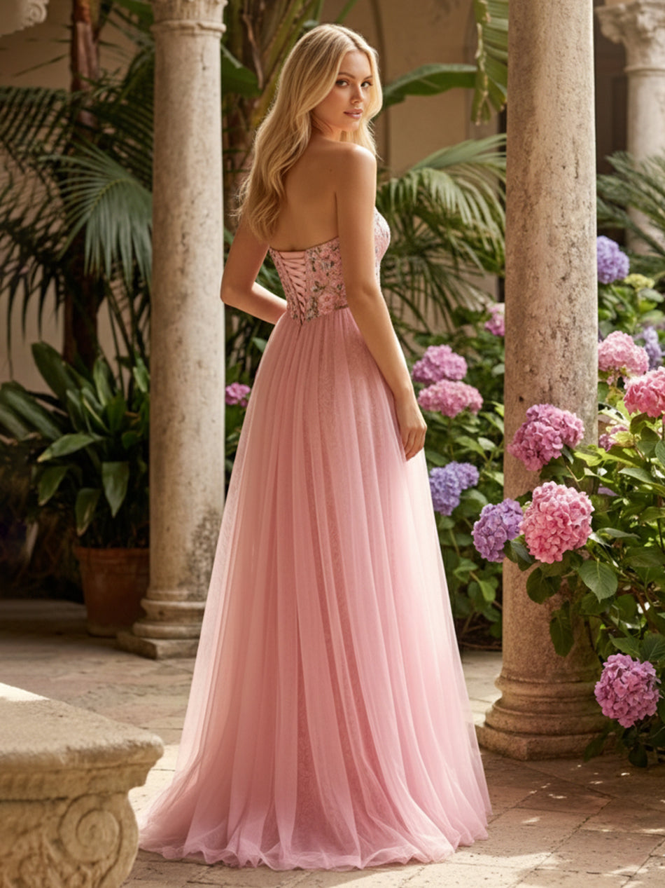 Layered Strapless Floral Corset Prom Dresses