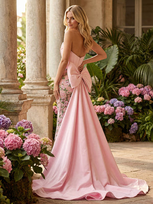 Strapless Floral Corset Ruffles Prom Dresses with Bow