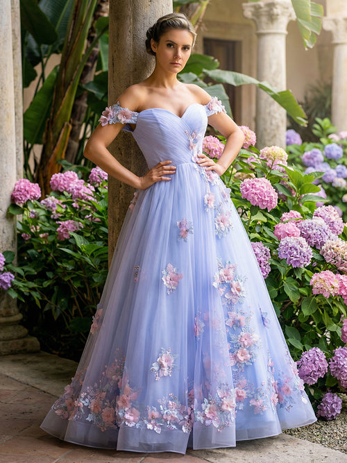 Tulle Off the Shoulder Flower Embroidered Corset Prom Dresses