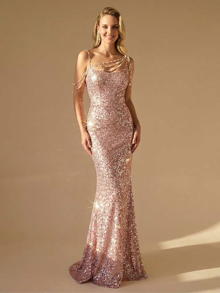 Sequin Spaghetti Straps Mermaid Wedding Guest Dresses with Beading