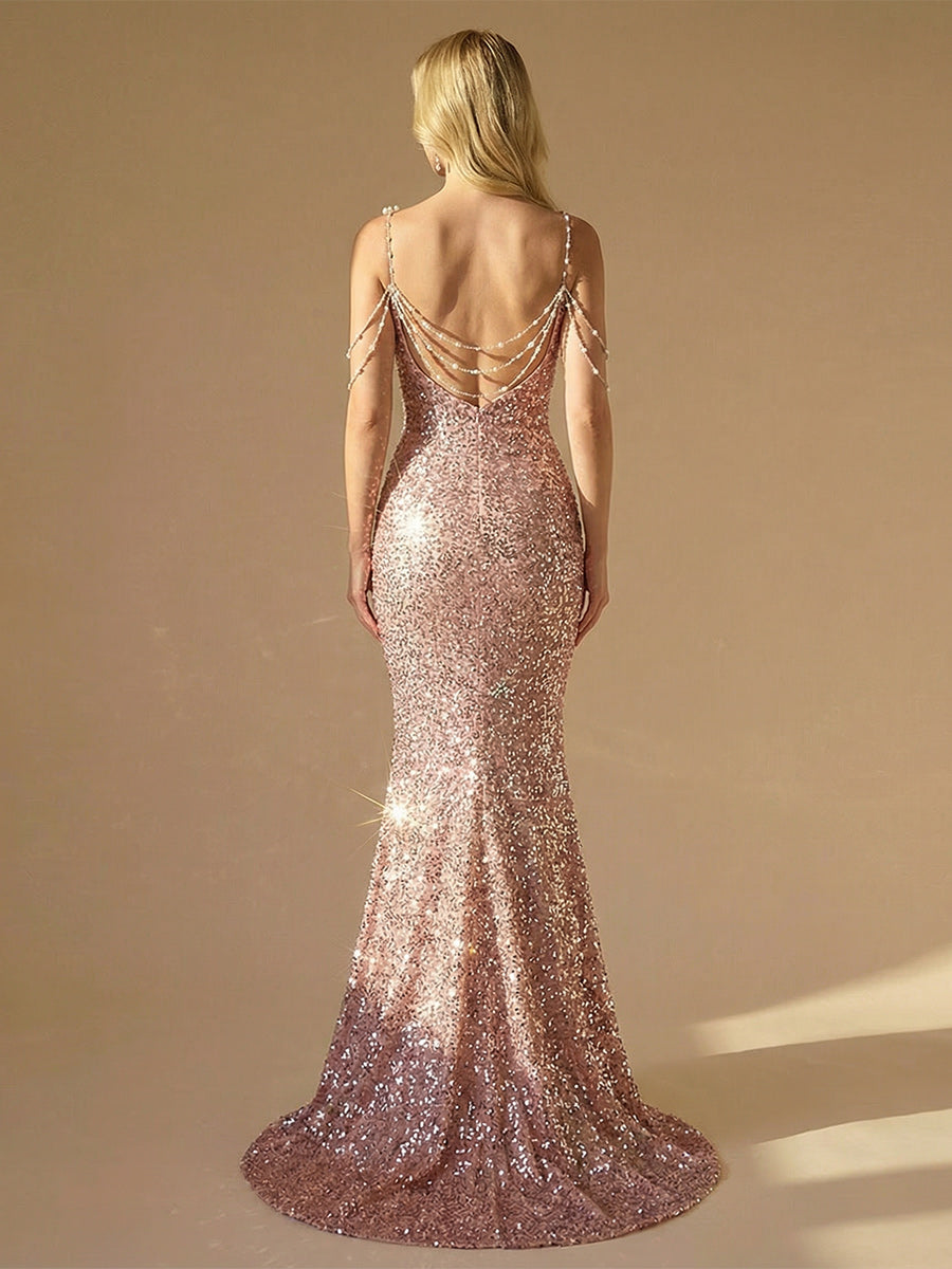 Sequin Spaghetti Straps Mermaid Wedding Guest Dresses with Beading