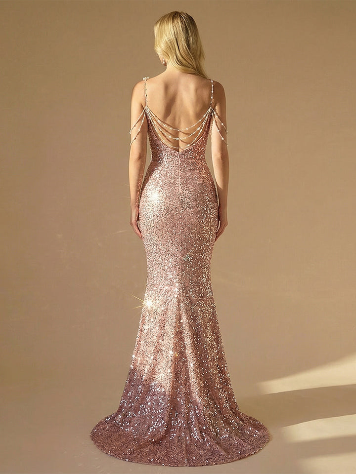 Sequin Spaghetti Straps Mermaid Wedding Guest Dresses with Beading