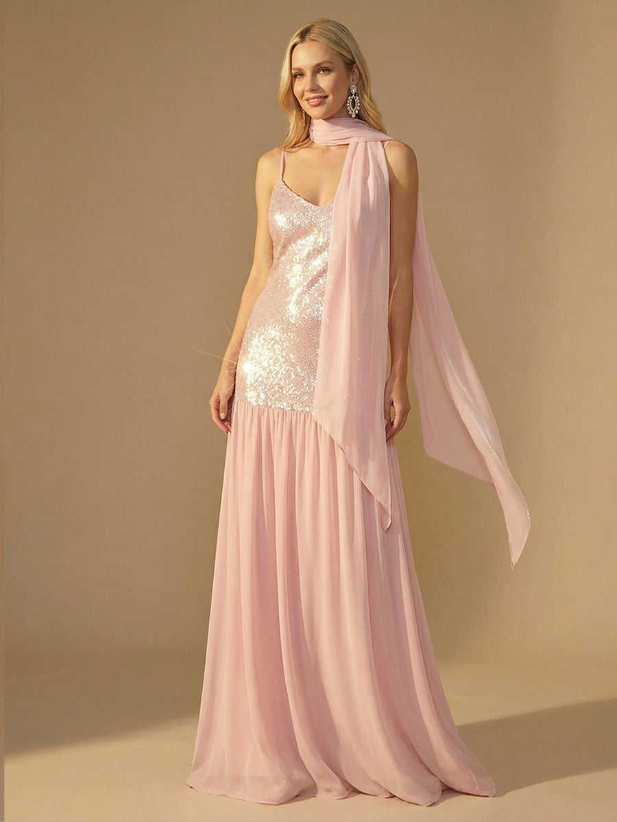 Spaghetti Straps Sequin A Line Wedding Guest Dresses with Scarf