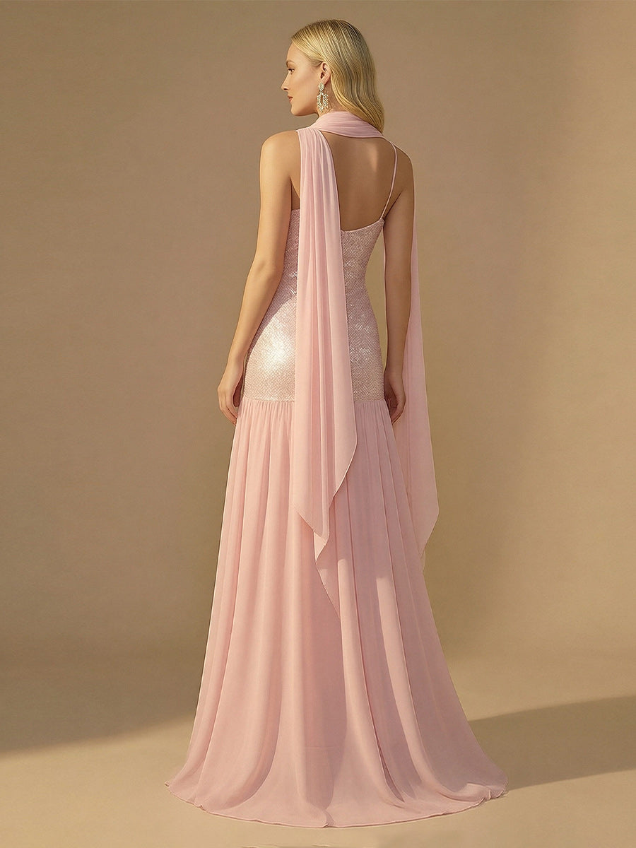 Spaghetti Straps Sequin A Line Prom Dresses with Scarf