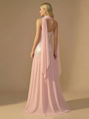 Spaghetti Straps Sequin A Line Prom Dresses with Scarf