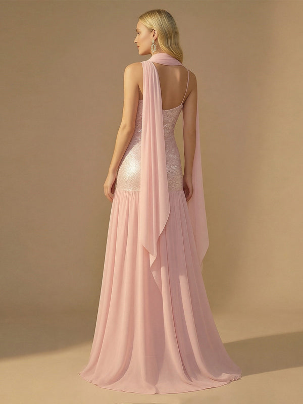 Spaghetti Straps Sequin A Line Prom Dresses with Scarf