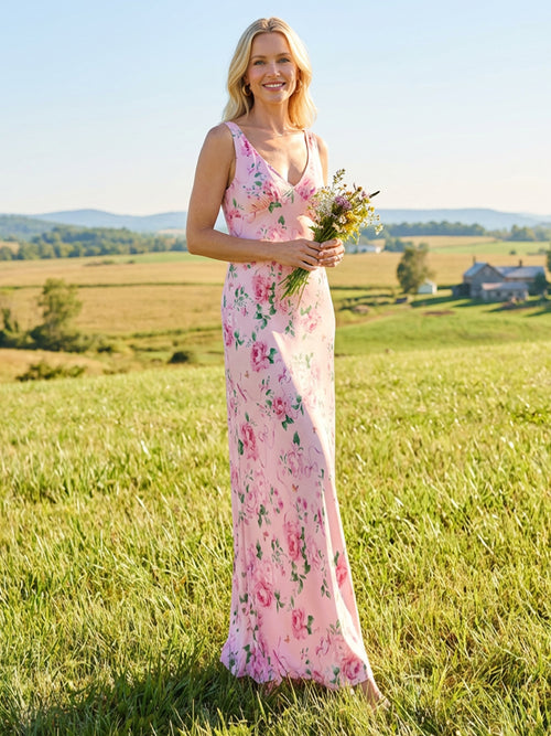 Floral Satin V Neck Sheath Long Wedding Guest Dresses