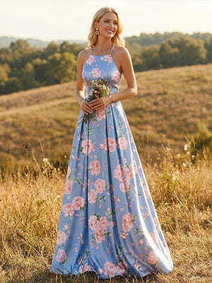 Halter Floral Satin A Line Prom Dresses Backless Evening Gowns