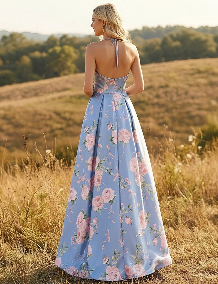 Halter Floral Satin A Line Prom Dresses Backless Evening Gowns