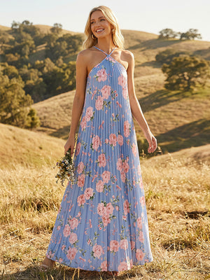 Halter Floral Pleats A Line Satin Prom Dresses Long Party Gowns