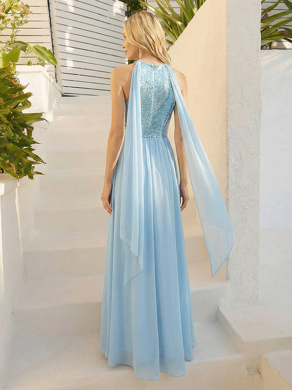 Sequin Halter A Line Prom Dresses with Scarf Chiffon Evening Gowns