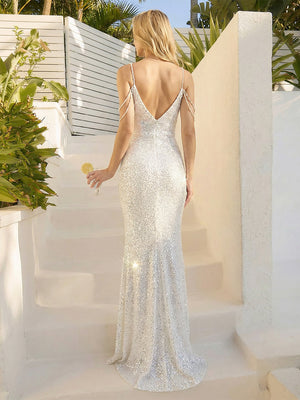 Sequin Spaghetti Straps Mermaid Prom Dresses with Beading