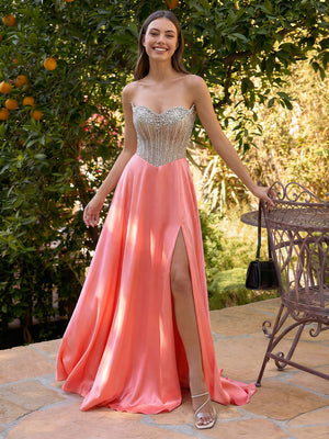 Strapless Sequin A Line Satin Prom Dresses with Slit