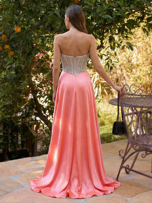 Strapless Sequin A Line Satin Prom Dresses with Slit