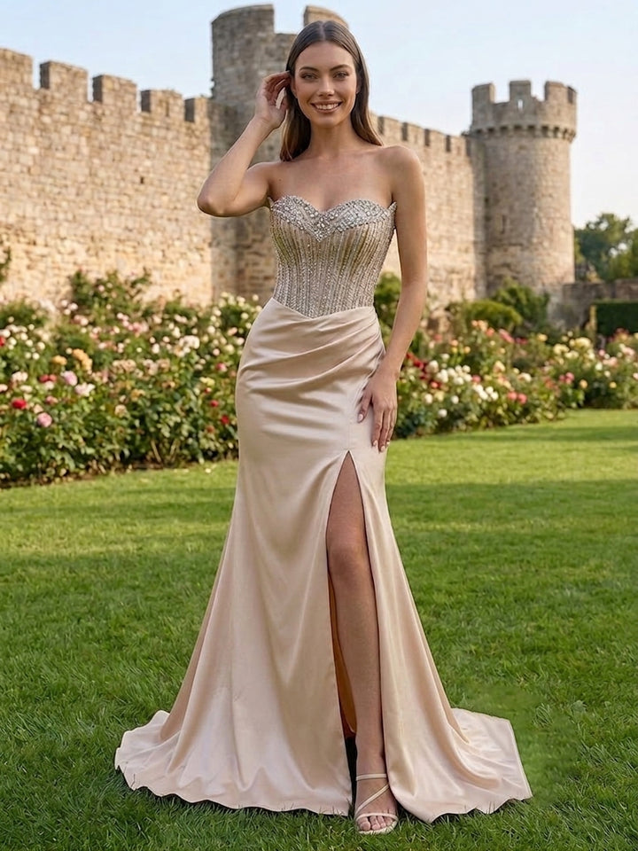 Strapless Sequin Mermaid Split Evening Dresses with Beading