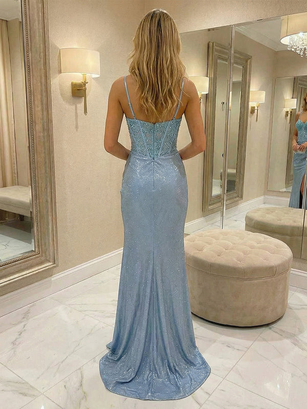 Glittering Lace Applique Spaghetti Straps Mermaid Prom Dresses
