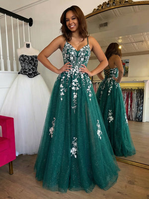 Glittering Lace Appliques Spaghetti Straps V Neck Prom Dresses