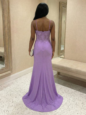 Lace Appliques Spaghetti Straps Mermaid V Neck Prom Dresses with Slit