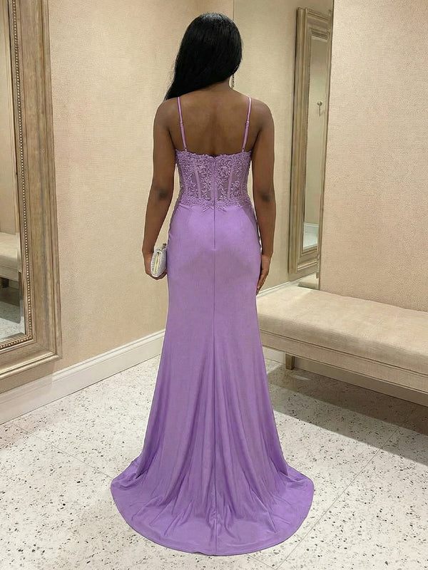 Lace Appliques Spaghetti Straps Mermaid V Neck Prom Dresses with Slit