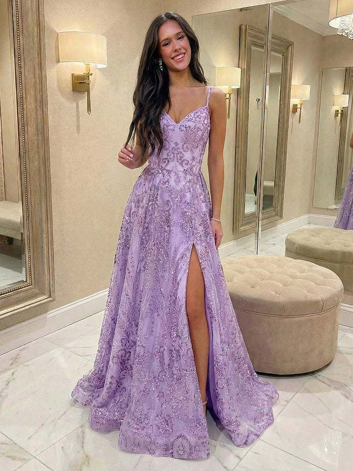 Sequin Appliques A Line V Neck Prom Dresses with Slit