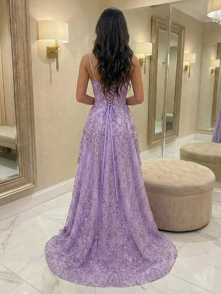 Sequin Appliques A Line V Neck Prom Dresses with Slit