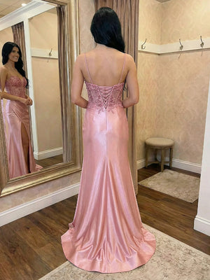 Lace Appliques Satin Sweetheart Prom Dresses with Slit