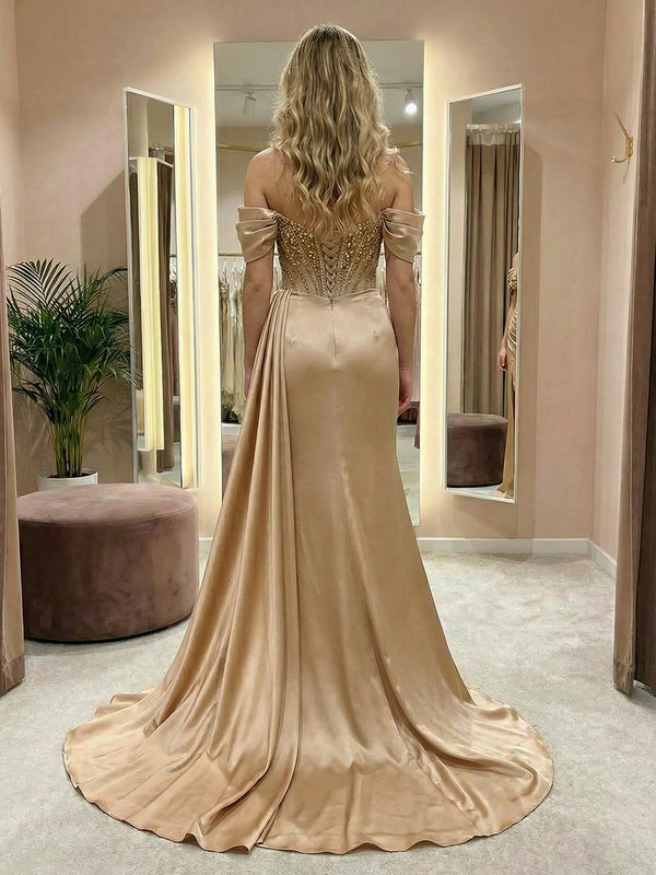 Sequin Off the Shoulder Sweetheart Pleats Prom Dresses with Slit