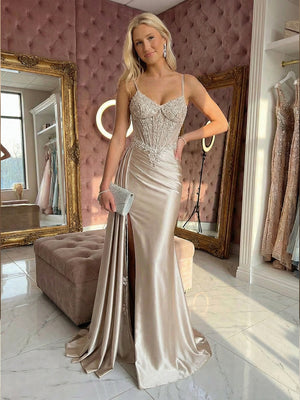 Lace Appliques Spaghetti Straps Pleats Prom Dresses with Slit Evening Gowns