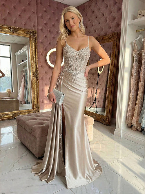 Lace Appliques Spaghetti Straps Pleats Prom Dresses with Slit Evening Gowns