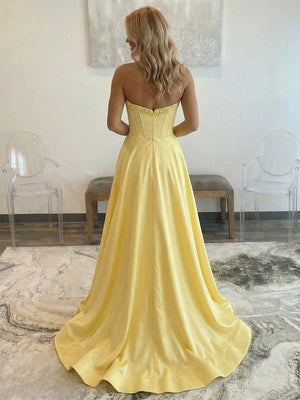 Satin Strapless A Line Long Prom Dresses with Slit Party Gowns