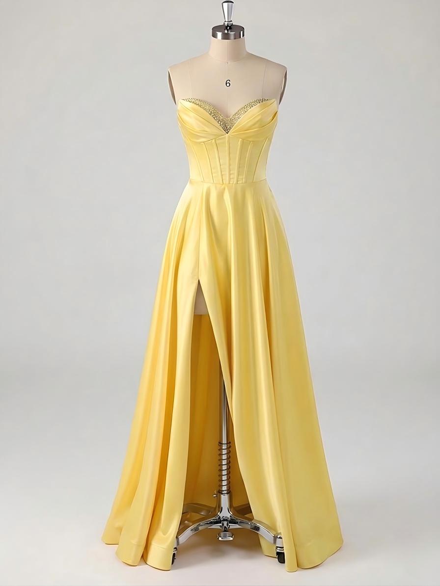 Satin Strapless A Line Long Prom Dresses with Slit Party Gowns