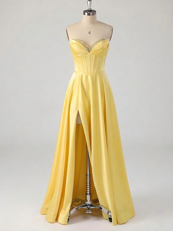 Satin Strapless A Line Long Prom Dresses with Slit Party Gowns
