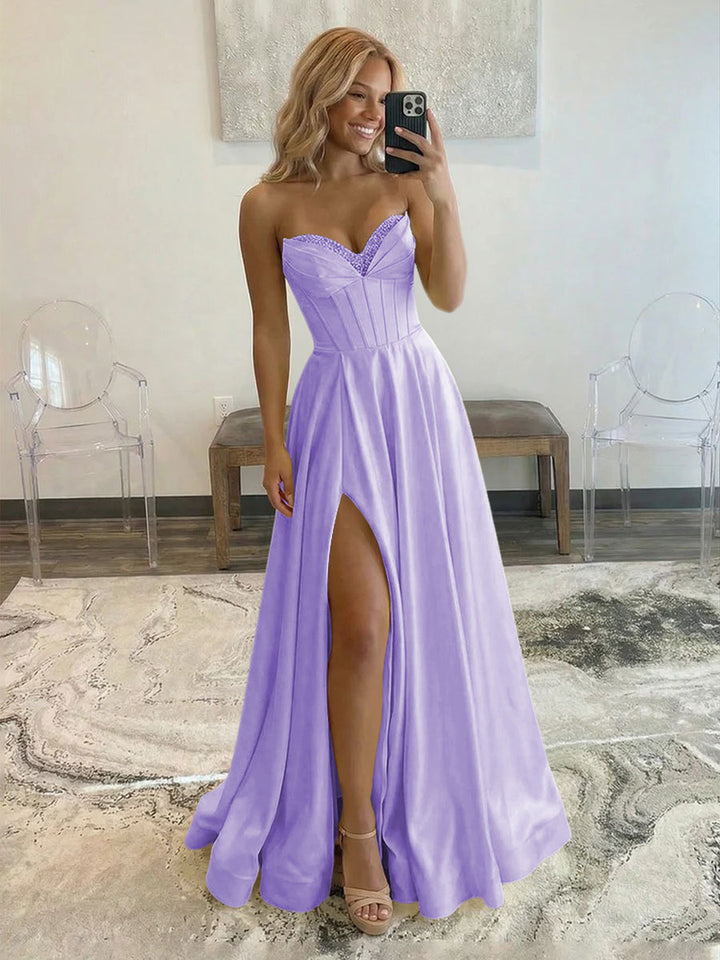 Satin Strapless A Line Long Prom Dresses with Slit Party Gowns