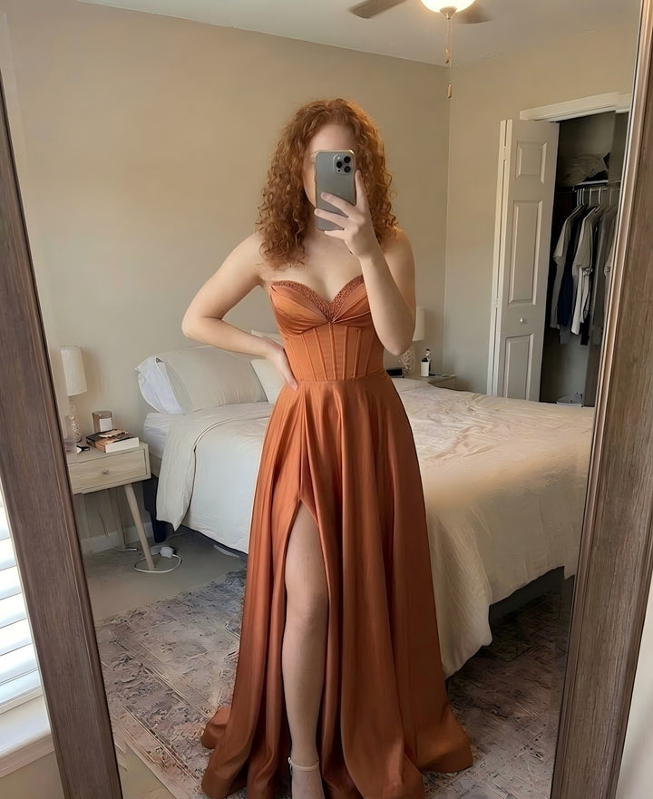 Satin Strapless A Line Long Prom Dresses with Slit Party Gowns