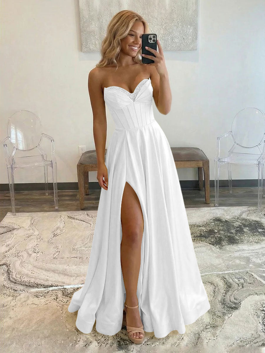 Satin Strapless A Line Long Prom Dresses with Slit Party Gowns