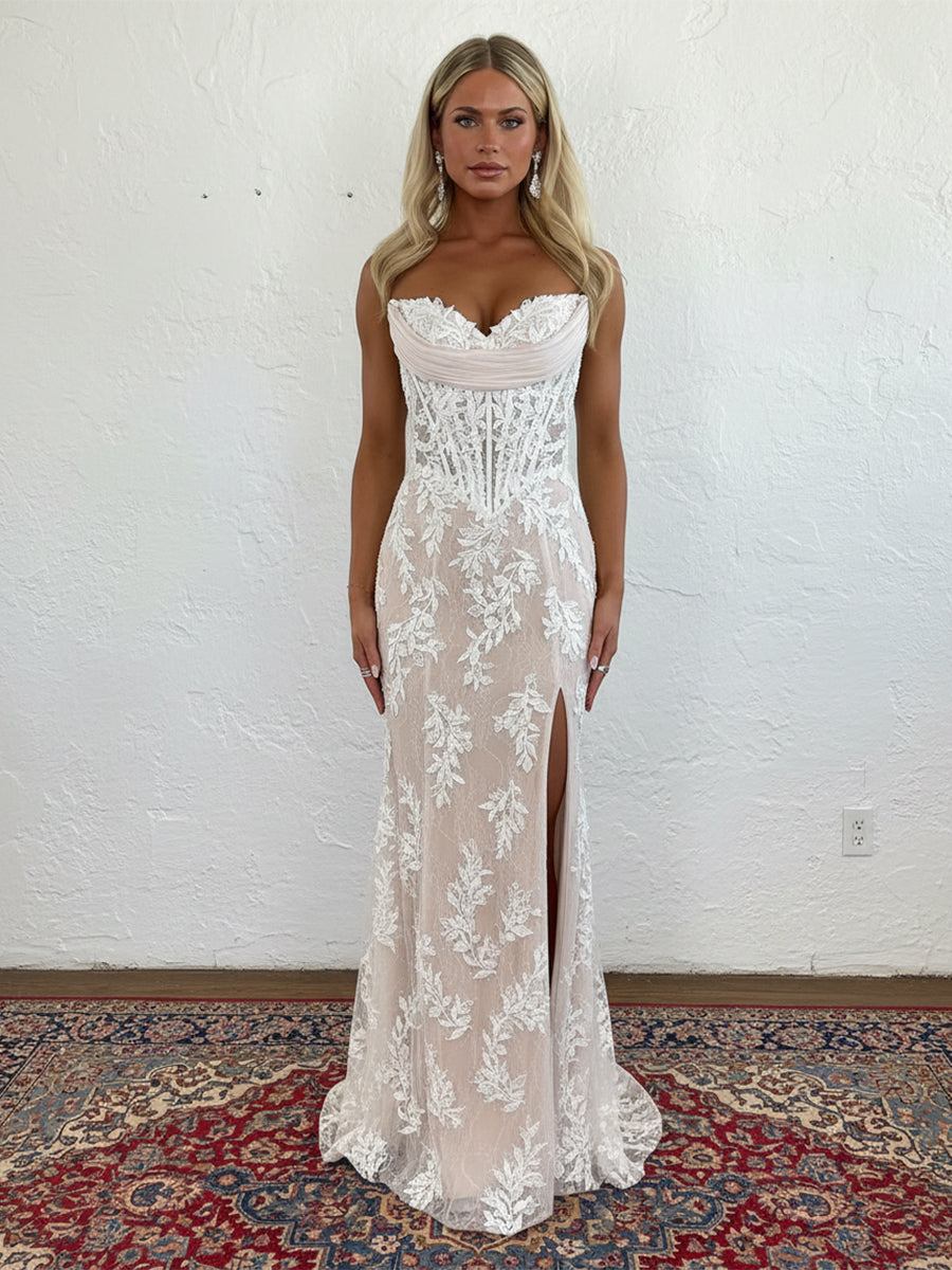 Lace Applique Strapless Sheath Cowl Neck Prom Dresses with Slit