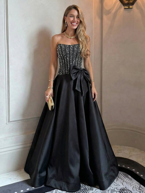 Satin Strapless Beadings A Line Prom Dresses with Bow